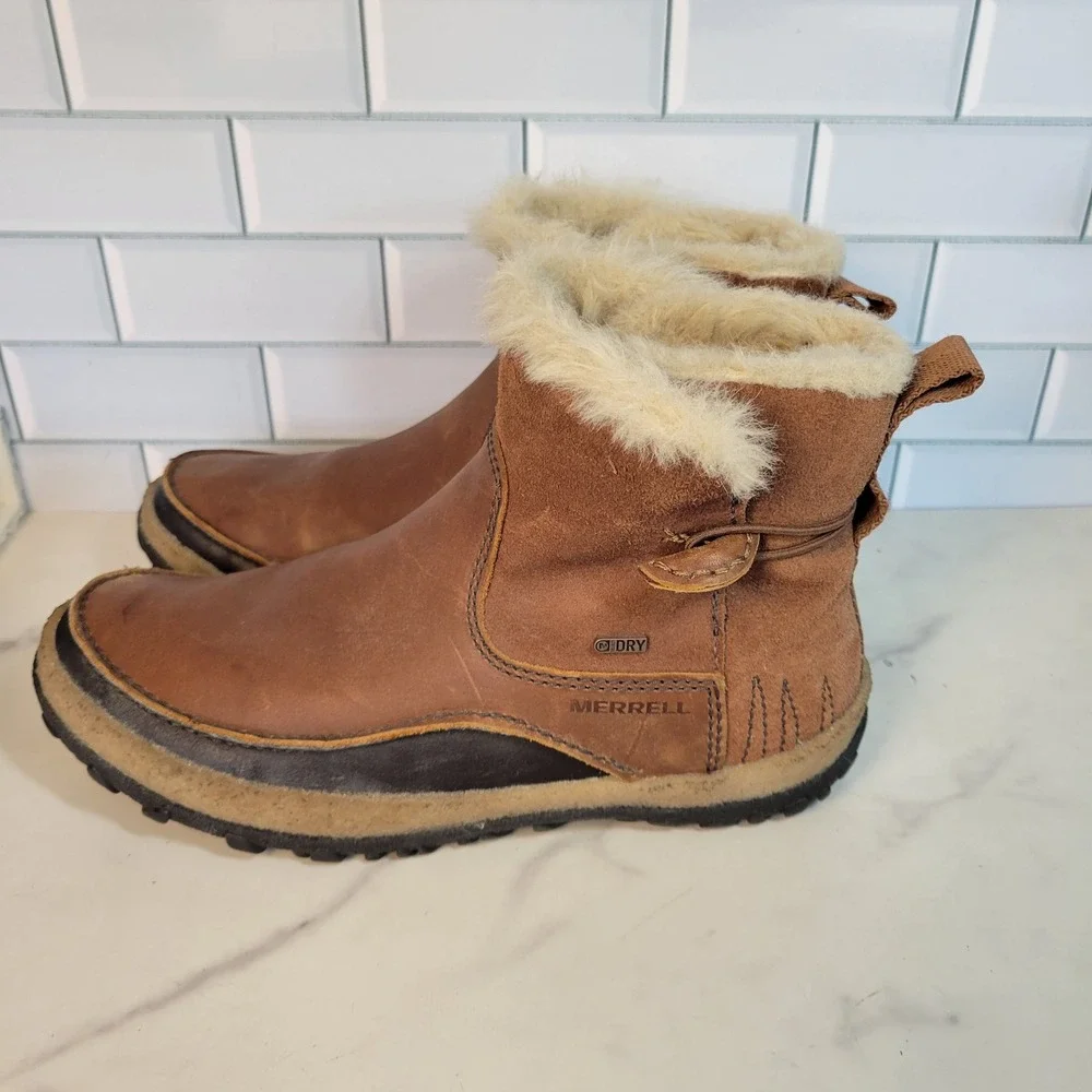 Merrell Womens Boots Tremblant Pull On Polar Oak Brown Fur Lined Size 9
